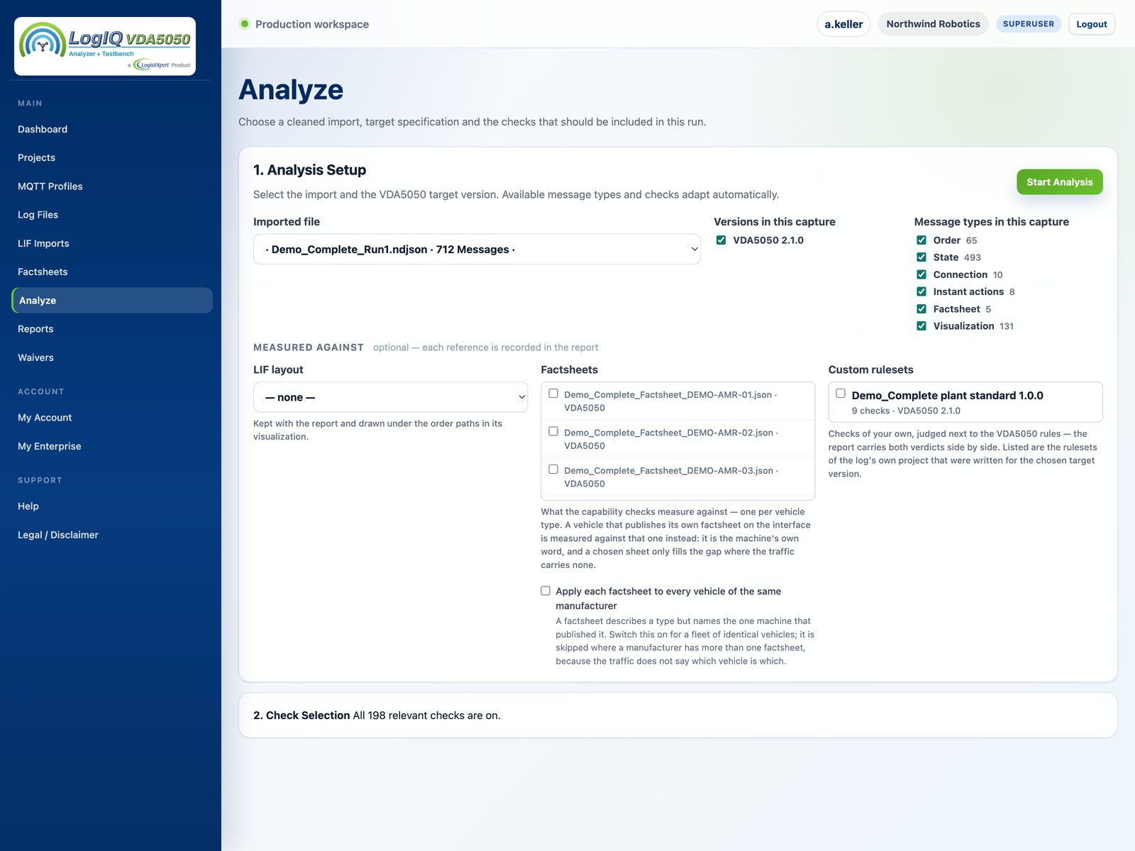 The Analyze page: the versions a capture holds and the message types it holds, each ticked and each with its count, and below them the checks of the version whose tab is open.